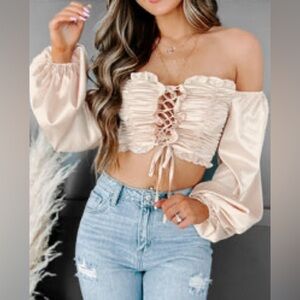 Champagne Cream Satin Corset Blouse Size L